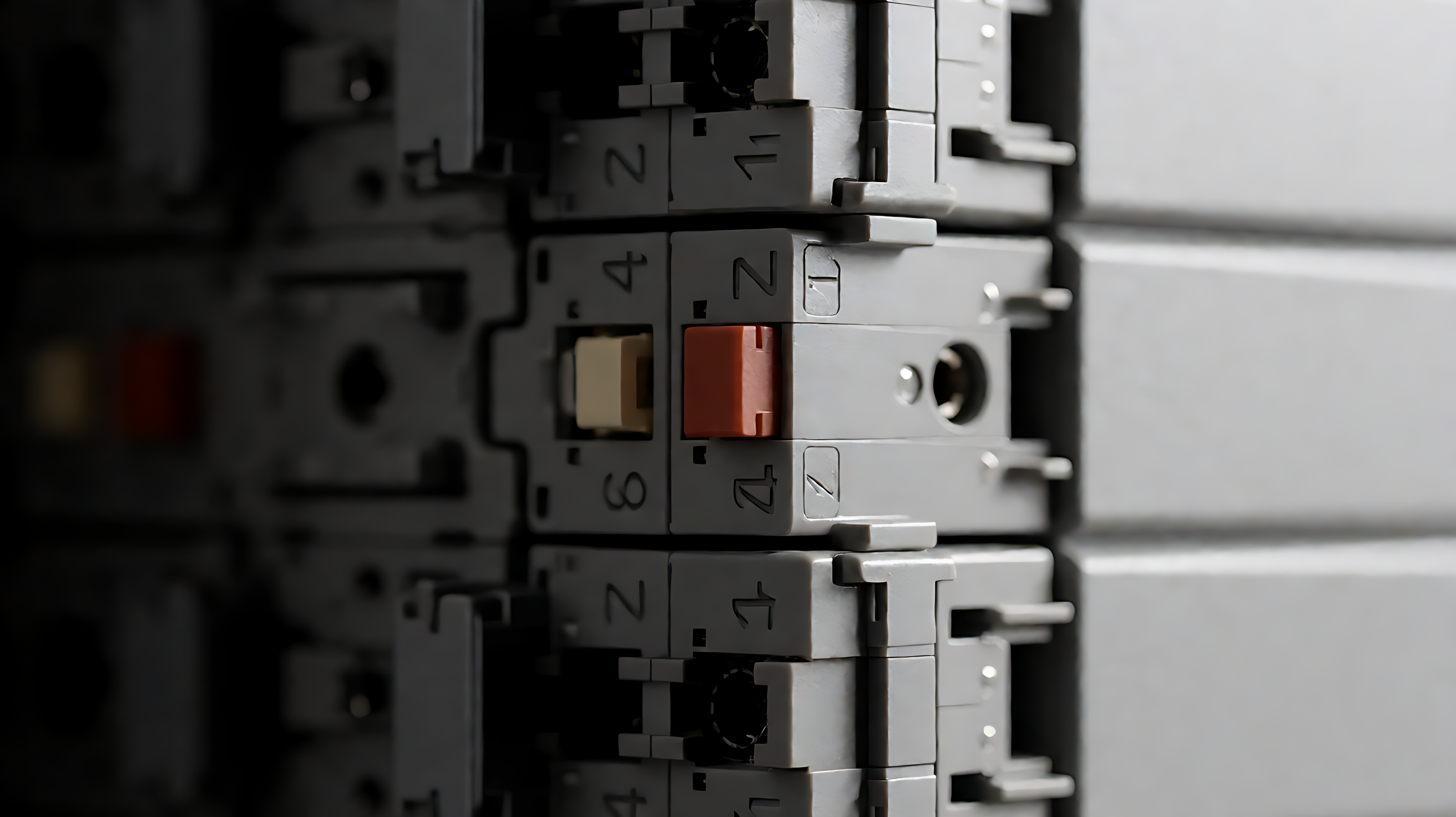 Painel de conexão industrial: trilhos de cabos e blocos de terminais numerados, com um LED de status em terracota